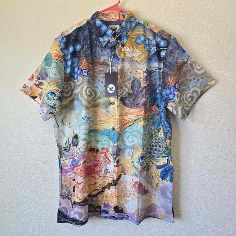 NWT Yiume Hawaiian Shirt Men's XL Colorful Koi Novelty Quirky Art Japan Tropical